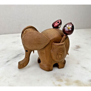 Hand Carved Wood Elephant Toothpick Holder Figurine Handpainted Maracas Trinket